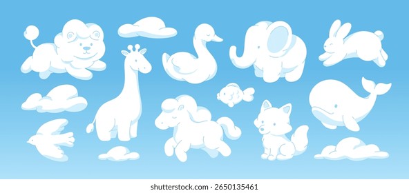 Animal shape clouds. White fluffy animals cloudy forms, different children imagination characters. Lion, elephant, goose, fish, racy vector clipart