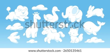 Animal shape clouds. White fluffy animals cloudy forms, different children imagination characters. Lion, elephant, goose, fish, racy vector clipart