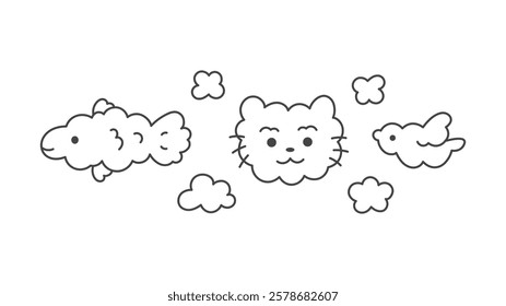 Animal Shaped Clouds Set. Outline fish cat head flying bird collection in doodle style. Sketch vector illustration