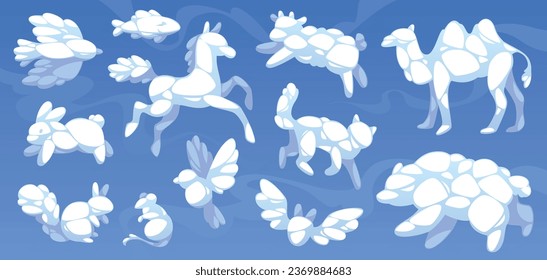 Animal shaped clouds. White cumulus clouds on blue sky, kid imagination and dreams, fluffy fauna silhouettes, rabbit, cat and mouse, abstract camel, bird and bear. Tidy vector isolated set