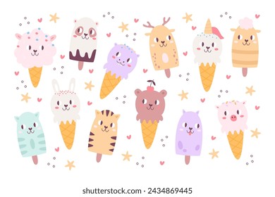 Colección de helados en forma de animal con alegres caras sonrientes kawaii divertidas ilustración vectorial. Snack de comida dulce para niños, postre de azúcar frío con bozales alegres amistosos para imprimir, pegatinas