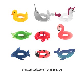 Animal shaped inflatable ring set - colorful life preserver belt collection. Cartoon duck, seal, unicorn, crocodile, crab, flamingo, shark, ladybug, whale toys - isolated vector illustration