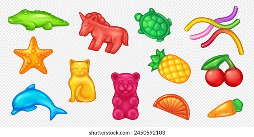 Animal shaped jelly sweets 3d realistic vector illustration set. Healthy candies creative design. Desserts objects on transparent background