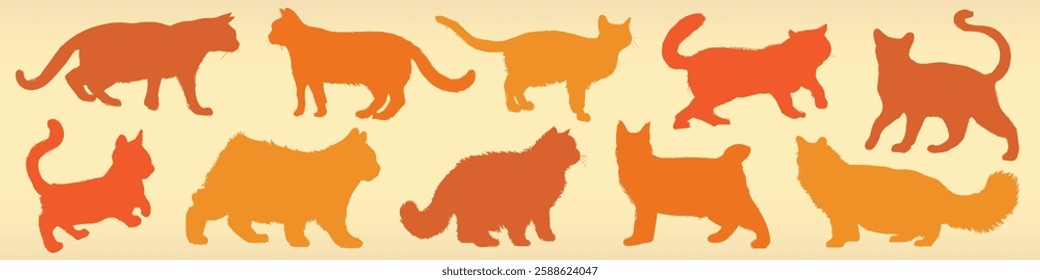 animal, animal shapes, background, beige, cat, cat collection, cat silhouettes, collection, colorful, design, different, domesticated, element, feline, feline figures, figures, flat, graphic