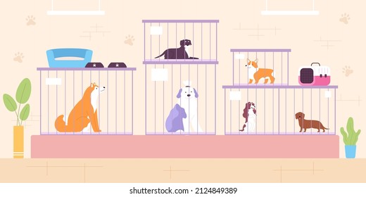 Animal shelter, adoption center or petshop interior with dogs. Rescued stray pets in cages. Dog kennel, help shelter or shop vector concept. Homeless adorable puppies in safe organization