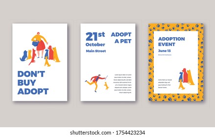 Animal Shelter Adoption Event Posters Template. Vector Iilustration With Typography And Characters, Woman Feeding Dogs, Man Playing With Dog. For Pet Shop Or Rescue Promotional Materials.