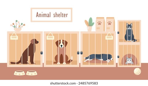 Animal shelter with cages and pets. Caged dogs and cats waiting for adoption. Dog adoption or pet rescue center. Charity and donation, volunteering help concept. Vector illustration.