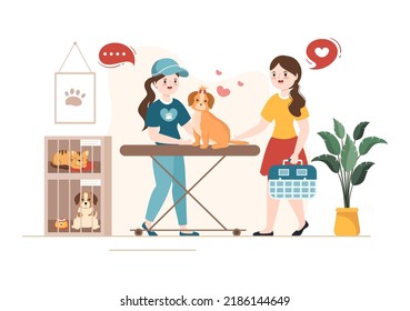 Animal Shelter Cartoon Illustration with Pets Sitting in Cages and Volunteers Feeding Animals for Adopting in Flat Hand Drawn Style Design