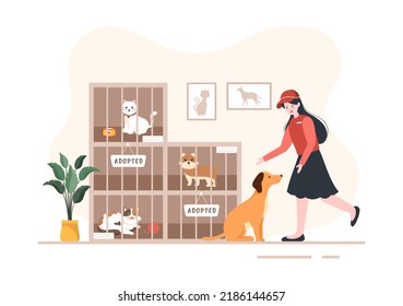 Animal Shelter Cartoon Illustration with Pets Sitting in Cages and Volunteers Feeding Animals for Adopting in Flat Hand Drawn Style Design