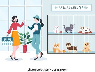 Animal Shelter Cartoon Illustration with Pets Sitting in Cages and Volunteers Feeding Animals for Adopting in Flat Hand Drawn Style Design