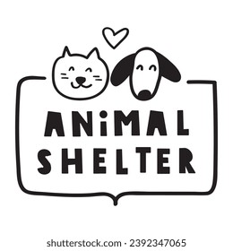 Animal shelter. Cat and dog. Badge. Hand drawn vector illustration on white background.