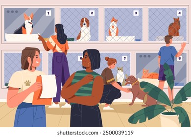 Animal shelter with cat and dog vector illustration. People care about domestic homeless pet. Kitten and puppy adoption or veterinary, volunteer store for companion. Support house or center for adopt.