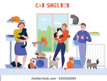 Animal shelter cats composition with indoor view of people characters holding cats in arms with text vector illustration