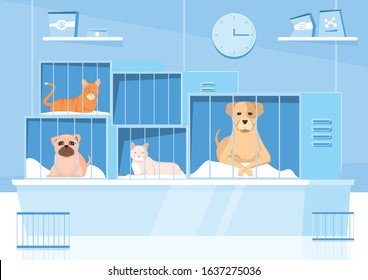 Animal shelter composition with indoor scenery and flat characters of pets in cages of different size vector illustration