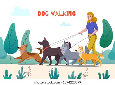 Animal shelter dog walking composition with editable text and outdoor park landscape woman with four dogs vector illustration
