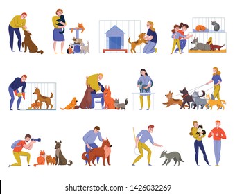 Animal shelter dogs cats set with doodle style human characters and animals isolated images of pets vector illustration