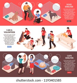 Animal shelter for dogs and cats and work of volunteers horizontal isometric banners isolated vector illustration