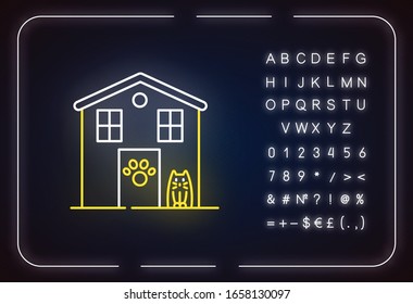 Animal shelter exterior sign neon light icon. Stray cats and dogs house, animals care place. Outer glowing effect. Sign with alphabet, numbers and symbols. Vector isolated RGB color illustration