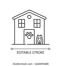 Animal shelter exterior sign pixel perfect linear icon. Stray cats and dogs house, animals care. Thin line customizable illustration. Contour symbol. Vector isolated outline drawing. Editable stroke