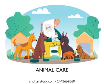 Animal shelter feeding dogs composition with text and outdoor landscape with man feeding homeless stray dogs vector illustration