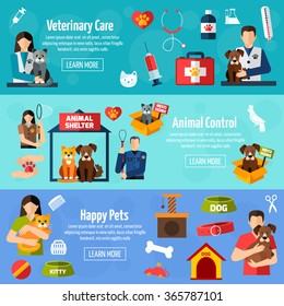 Animal shelter horizontal banner set with flat veterinary control elements isolated vector illustration