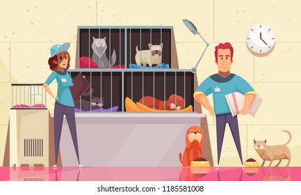 Animal shelter horizontal illustration with pets sitting in cages and volunteers feeding animals flat vector illustration