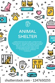 Animal shelter icon banner template. Line pictogram poster of pet care, adoption, donation with circle. Dog and cat help sign and symbol set.Vector flyer illustration background with place for text