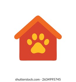Animal shelter icon red dog house with a yellow paw print, perfect for pet shelter adverts, veterinary clinic promotions, or pet care social media posts.