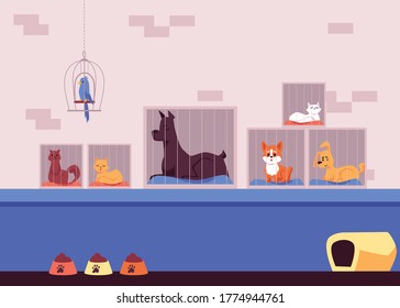 Animal shelter interior with pets sitting in cages and waiting for adoption, flat vector illustration. Banner for charity and donation, volunteering help for pets shelter.