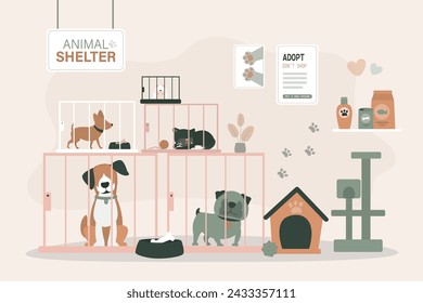 Animal shelter interior with various pets sitting in cages and waiting for adoption. Banner for charity and donation, volunteering help for pets shelter. Animal care, protection. vector illustration