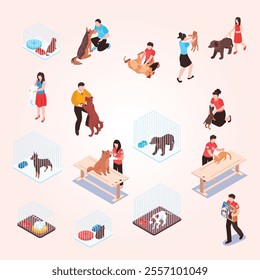 Animal shelter isometric flowchart with human characters dogs and cats for adoption vector illustration