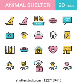 Animal shelter logo design template set. Vector cat and dog help sign and symbol collection. Thin line web icon illustration background. Linear pictograms of pet care, adoption, donation and more