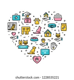 Animal shelter logo design template set. Cat and dog help sign and symbol collection. Vector linear pictograms of pet care, adoption, donation in heart form. Thin line web icon illustration background