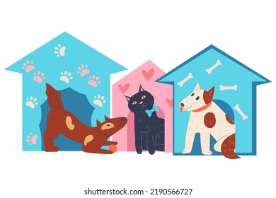 Animal Shelter And Pet Adoption Concept With Cute Cats And Dogs Sitting In Small Cage Houses, Flat Cartoon Vector Illustration Isolated On White Background. Banner For Domestic Animals Shelter.