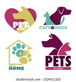 Animal Shelter, Pet Clinic. Cats And Dogs Adopt Or Care Graphic Logo For Banner. Rescue Dog Silhouette Inside Heart Icon. Paws Inside Home Icon. Graphic Flat Vector Illustrations On White Background.