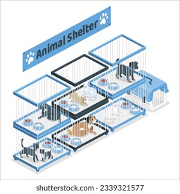 Animal shelter, pet shop flat vector illustration. Adoption center for stray and homeless pets. Cute cats, lonely dogs, guinea pigs, small hamster, bunnies and parrot in cages. Veterinary clinic. 2191