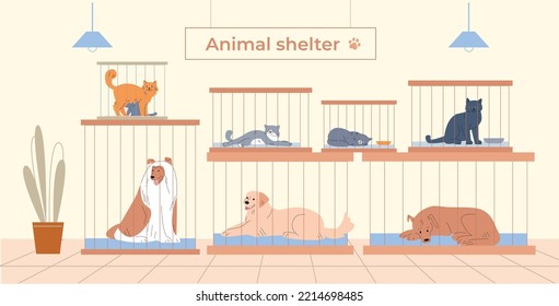 Animal shelter with pets in cages. Cartoon dogs and cats sheltered. Funny fluffy kitten, dog sleep. Volunteering and adoption kicky vector concept