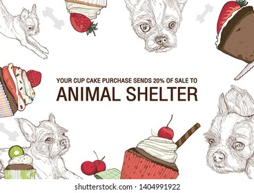 animal shelter poster with cup cake and lovely dogs. drawing vector style. concept for donate.