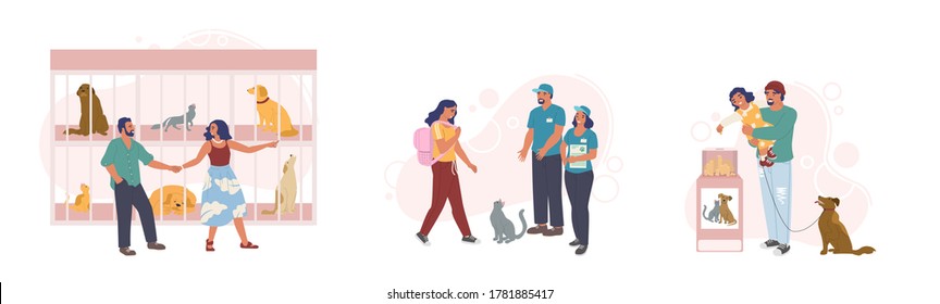 Animal shelter set, vector flat illustration. Happy couple visiting pet shelter with dogs and cats in cage. Girl adopting cute kitty, father with son donating money to save and support stray animals.