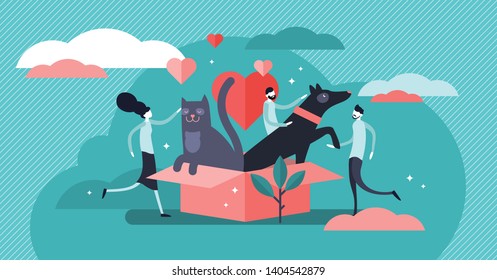 Ilustración vectorial de refugio animal. El concepto de personas de la comunidad de adopción pequeñas y planas. Gatos y perros afuera de la casa. La amistad de los dueños abstractos y la ayuda a la seguridad de los mamíferos. Protección y rescate de la vida silvestre.