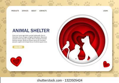 Animal shelter vector website template, web page and landing page design for website and mobile site development. Stray animal pound, rescue or rehoming centre paper cut art concept.