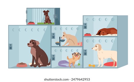 Animal shelter, veterinary clinic or pet shop cages with cute different dogs. Funny happy companions sitting at bowl, lying on pillow inside cells, adorable puppy playing cartoon vector illustration