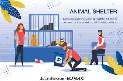 Animal Shelter Volunteering, Homeless Pets Adoption Trendy Flat Vector Banner, Poster Template. Female and Mae Volunteers Group, Men and Woman Taking Care, Feeding Animals in Shelter Illustration