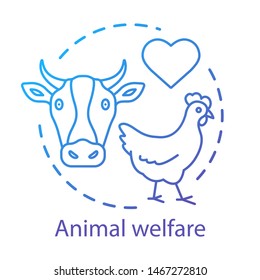 Animal shelter, welfare concept icon. Voluntary wildlife protection idea thin line illustration. Veterinary clinic, farming business. Heart symbol, chicken and cow vector isolated outline drawing