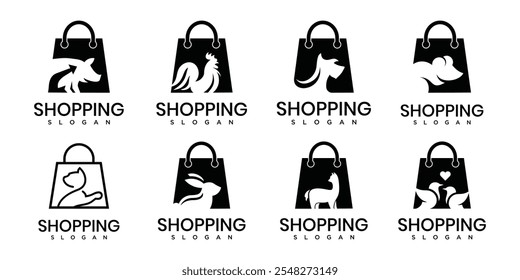 Animal shopping vector logo icon template collection. Animal and shopping bag logo design set	
