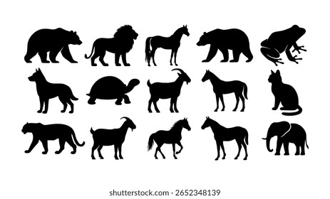 Animal silhouette collection. Vector set of various wild and domestic animal icons, including bear, lion, horse, elephant, and cat.