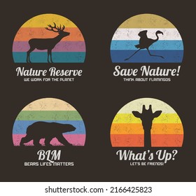 Animal silhouette. Deer, flamingo, bear, giraffe. Retro t-shirt design