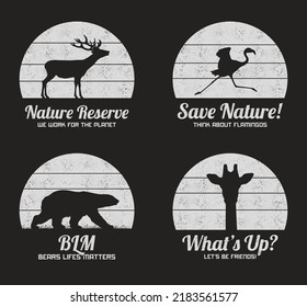 Silhouette animal. Venado, flamingo, oso, jirafa. Diseño retro de camisetas