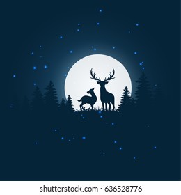 Animal silhouette.Two deer silhouette  standing on a hill,Grass,pines,snow.Night full moon on the background.
