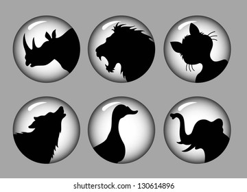 Animal Silhouette Icons. Black shadow animals in black and white circle. Good use for button icons your web, game or any design you want.